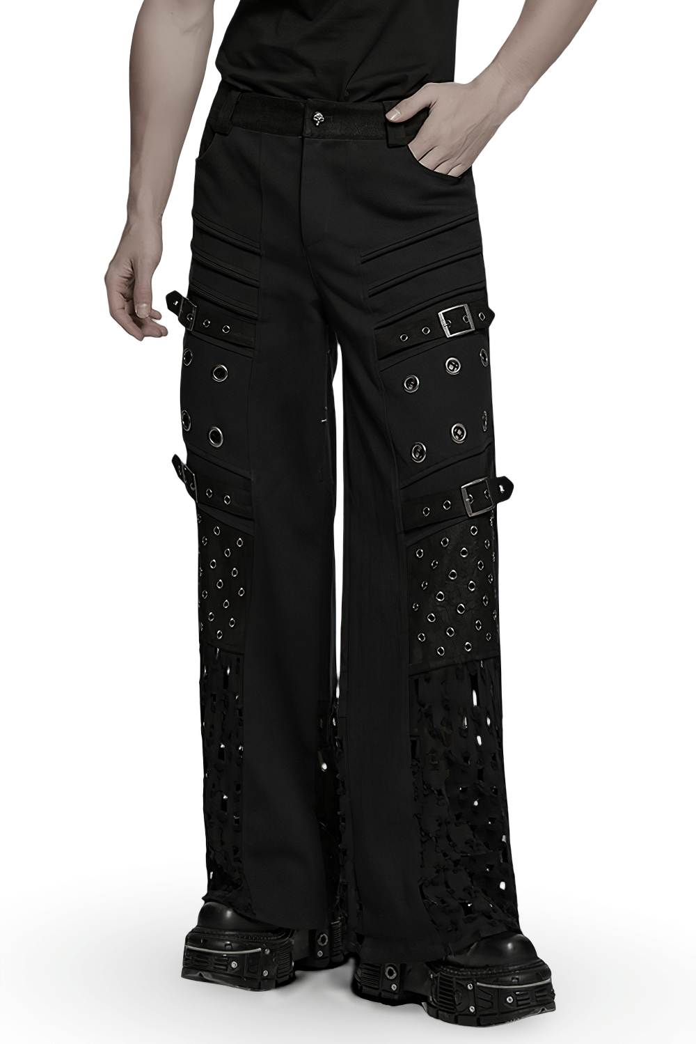 Male black punk pants featuring eyelets, mesh panels, and a loose fit for a bold, rebellious style.