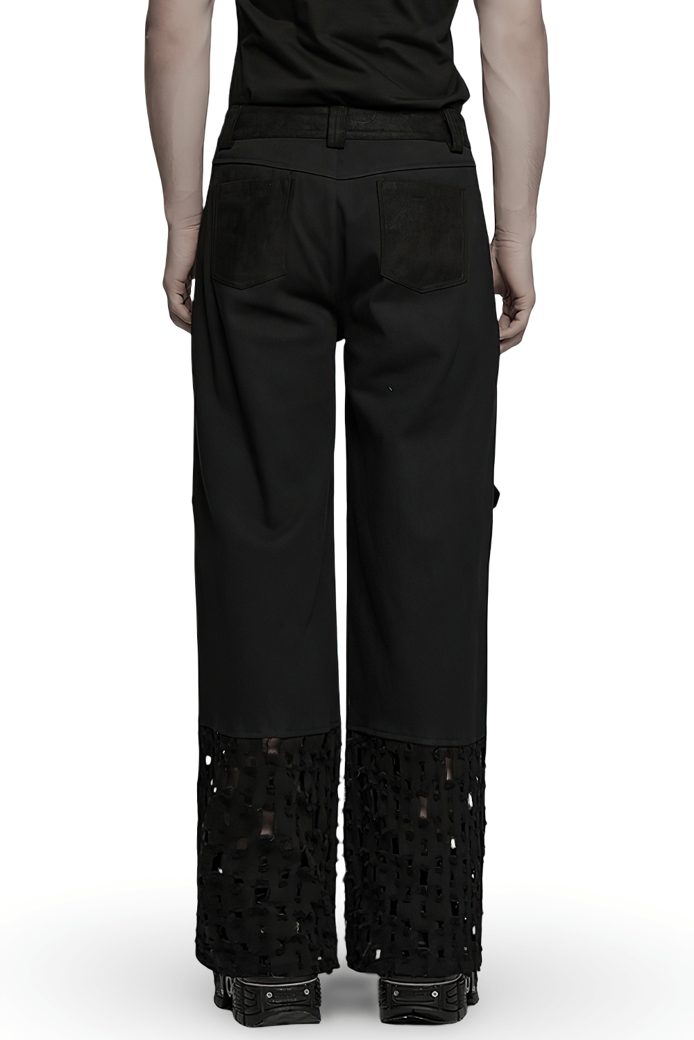 Back view of male black punk pants featuring mesh panels and eyelets, perfect for a gothic cyber style.