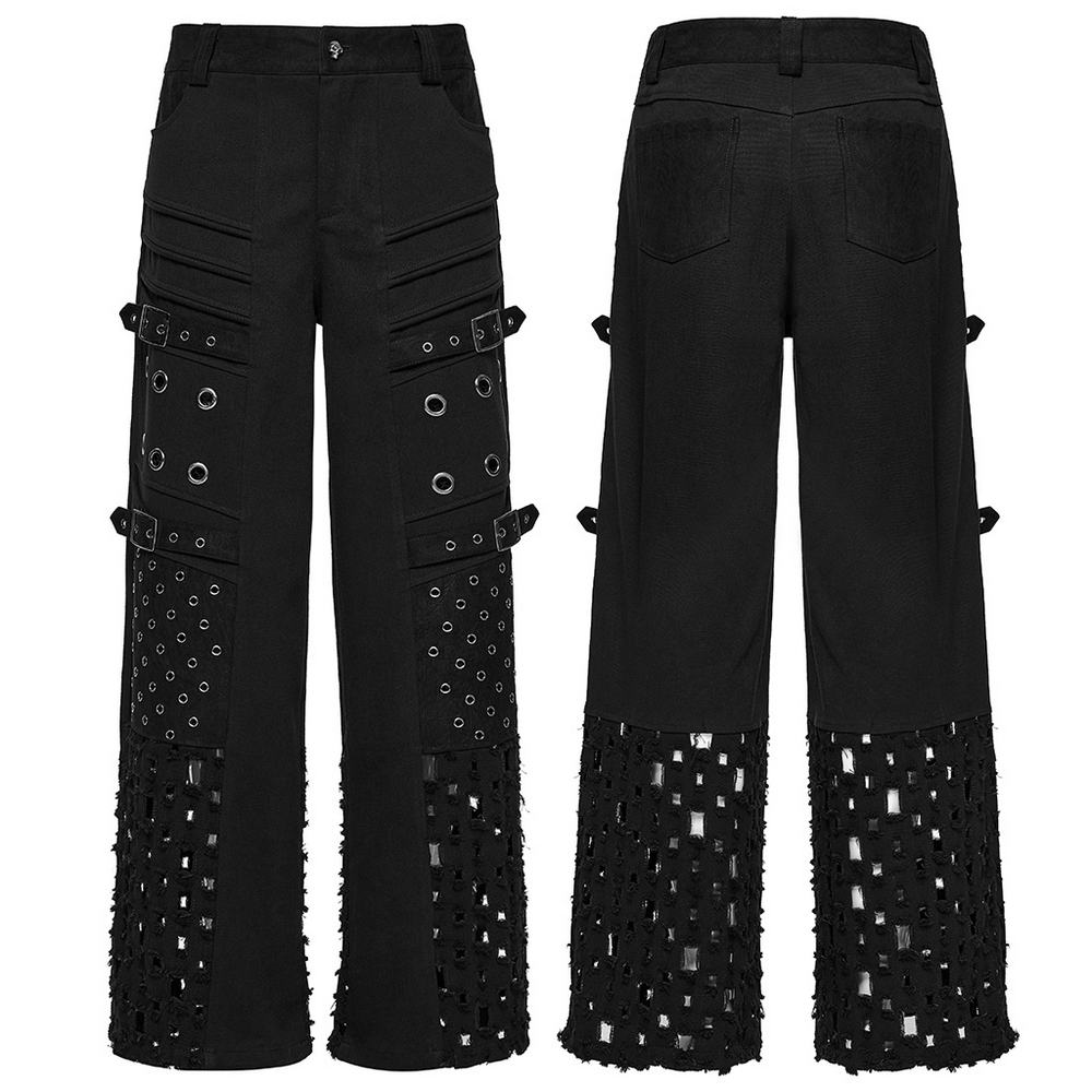 Male black punk pants featuring eyelets, mesh panels, and a bold 3D design for a gothic cyber look.