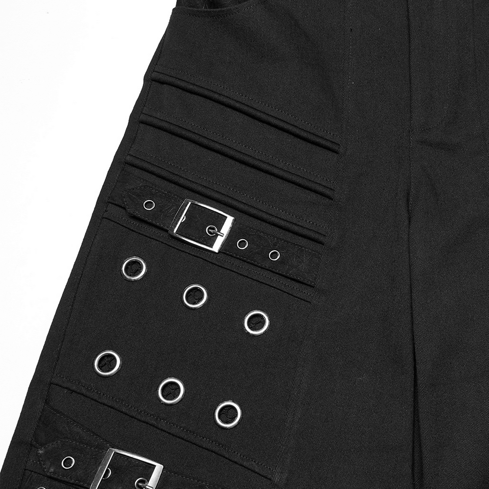Black punk pants with metal eyelets and buckle details, showcasing a bold and edgy design for gothic fashion lovers.