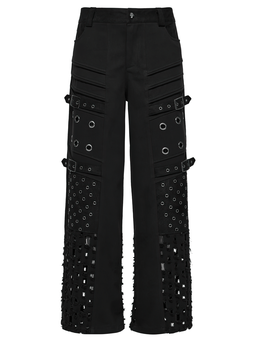 Male black punk pants with eyelets, mesh panels, and edgy tattered design for a gothic style.