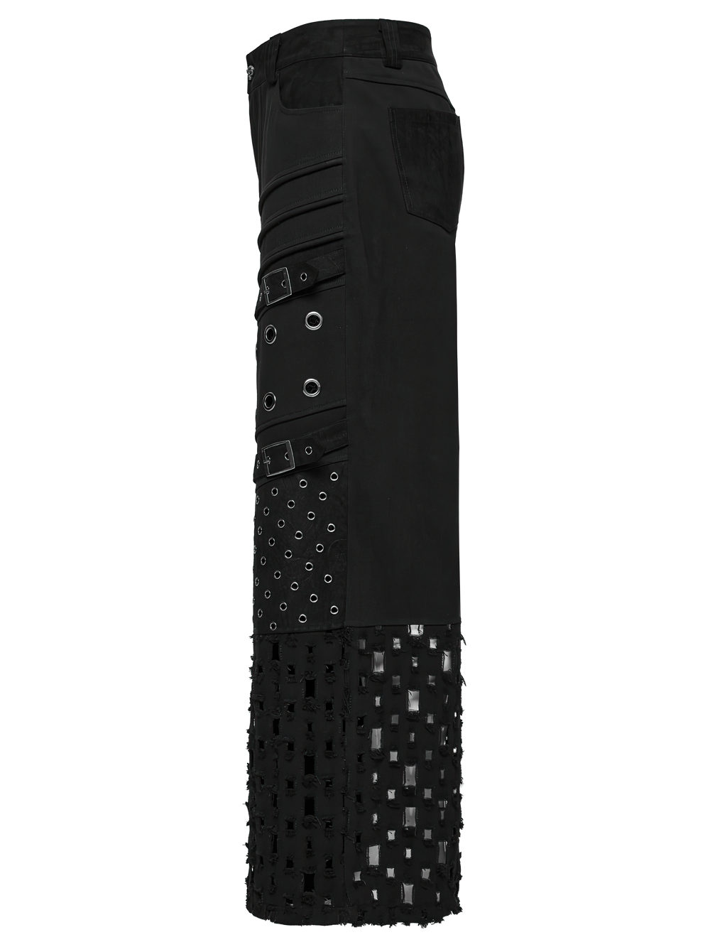 Male black punk pants with eyelets, mesh panels, and a rebellious design, perfect for gothic fashion.