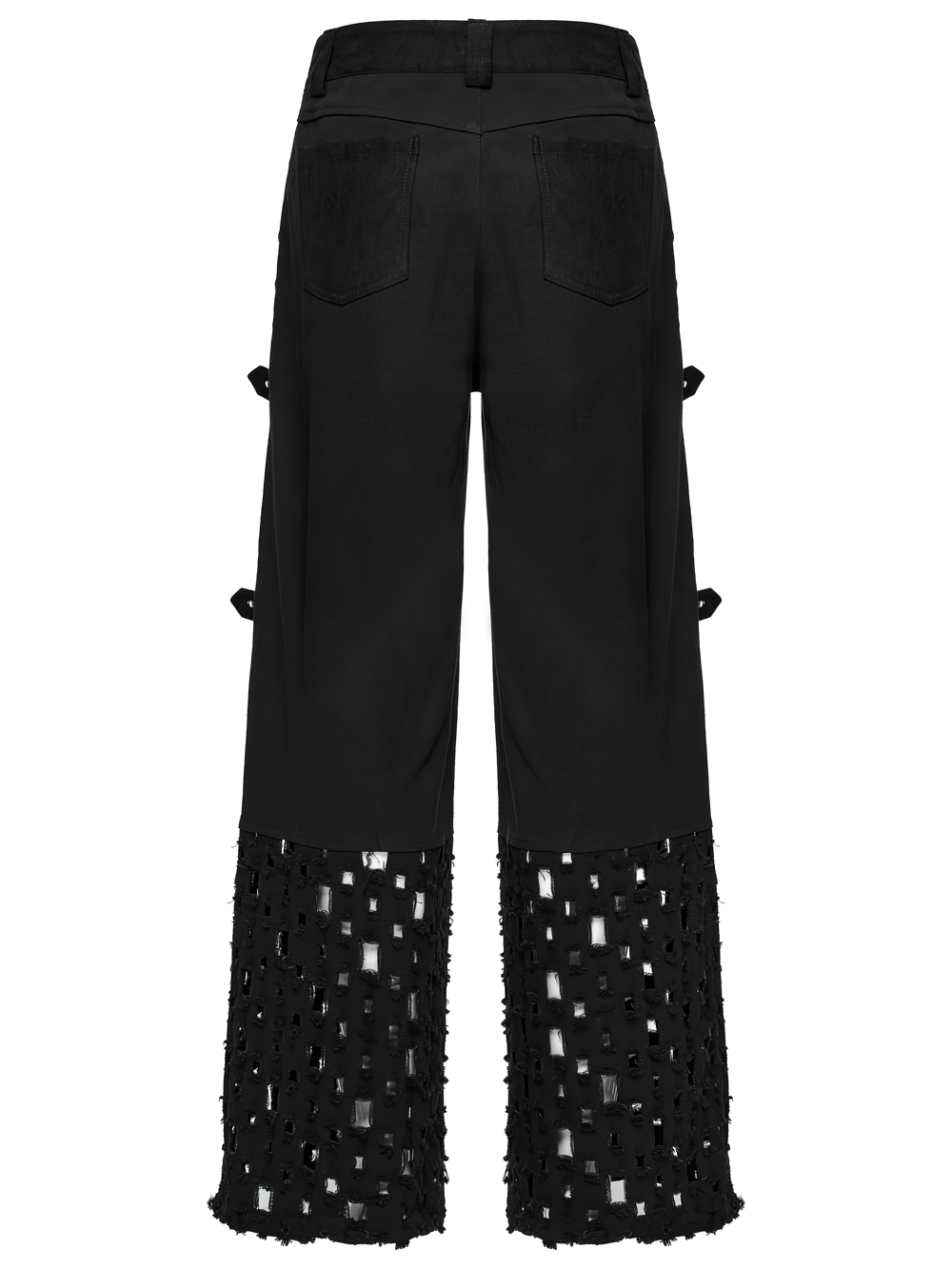 Back view of male black punk pants featuring shredded mesh panels and eyelets for a bold gothic style.