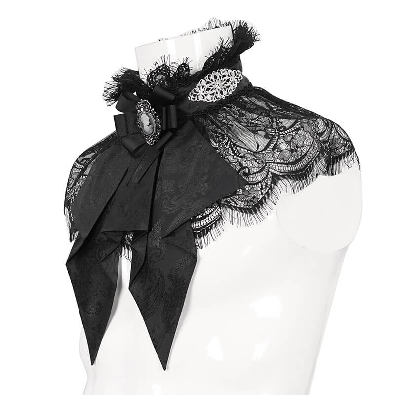 Black retro gothic lace necktie with ruffles and bow on mannequin, perfect for adding elegance to outfits.