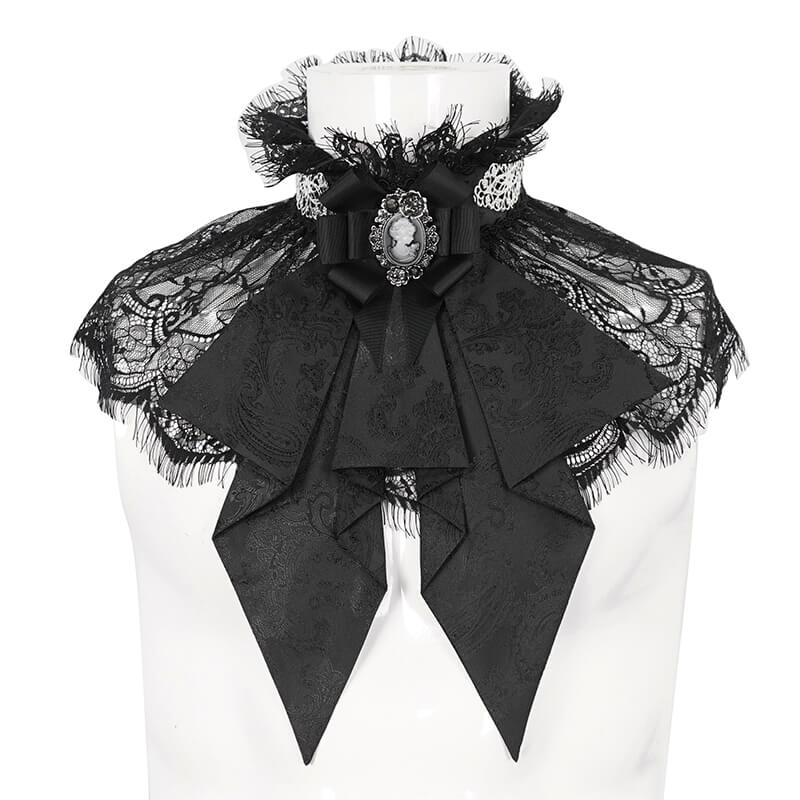 Male Black Retro Ruffle Bow Tie / Stand Collar Lace Necktie with Buttons Back in Gothic Style - HARD'N'HEAVY