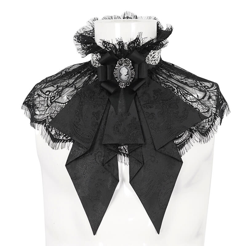 Black gothic lace necktie with stand collar, ruffles, and button back for a vintage look.