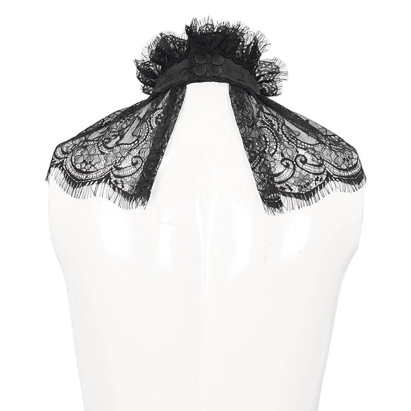 Back view of a male black retro ruffle bow tie with lace stand collar and button details in gothic style.