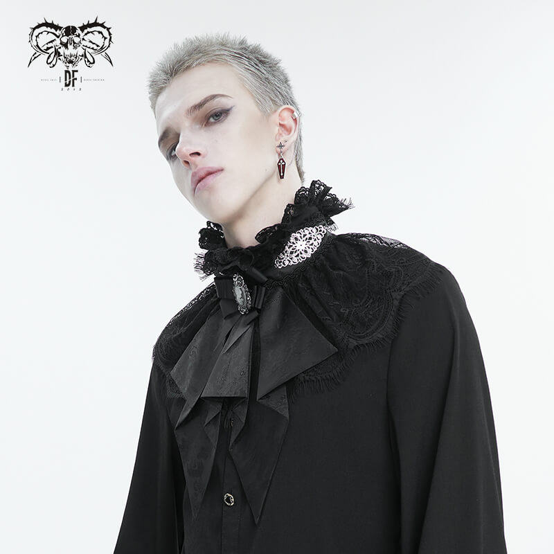 Male model wearing a black retro ruffle bow tie with stand collar lace details in gothic style.