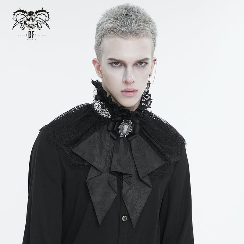 Male model in gothic black ruffle bow tie with stand collar and lace, showcasing retro elegance and style.