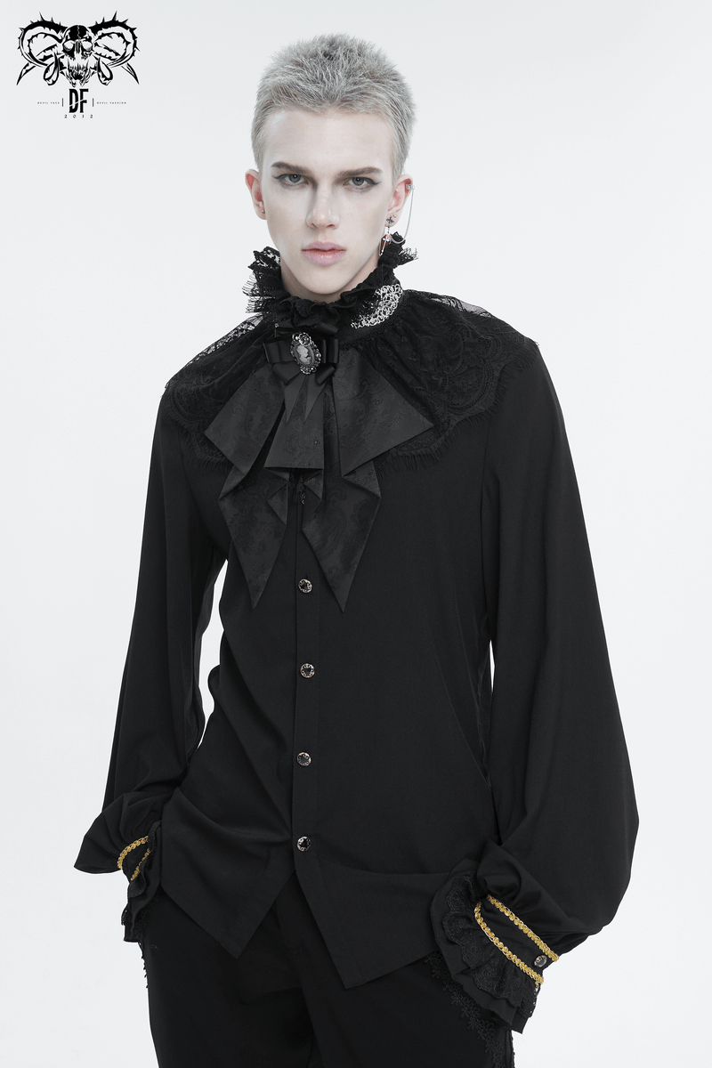 Gothic style male model wearing a black retro ruffle bow tie and stand collar lace necktie.