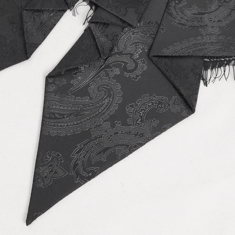 Black ruffle bow tie with paisley design, perfect for gothic and vintage-inspired outfits.