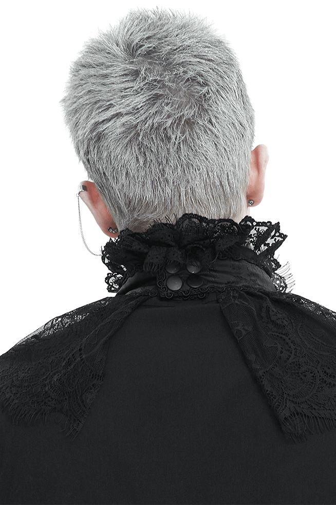 Back view of a male wearing a black lace collar with ruffle details, showcasing gothic elegance.
