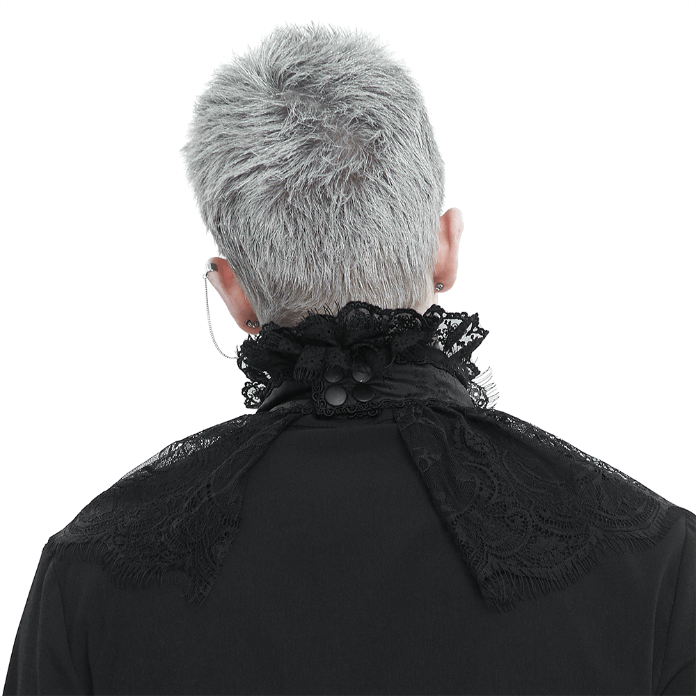 Male Black Retro Ruffle Bow Tie / Stand Collar Lace Necktie with Buttons Back in Gothic Style - HARD'N'HEAVY