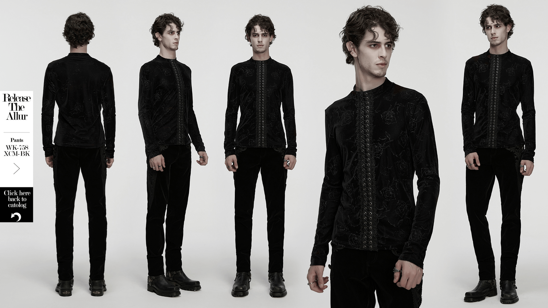 Male Black Rose Embossed Velvet Top with Long Sleeves displayed from multiple angles.