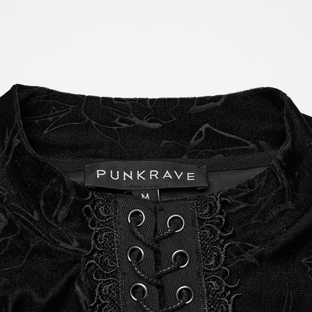 Male Black Rose Embossed Velvet Top with Long Sleeves close-up view of neckline and lace detailing