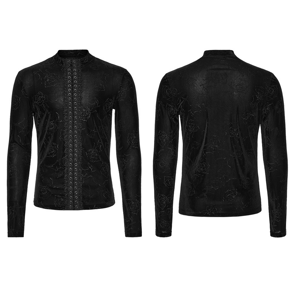 Male Black Rose Embossed Velvet Top with Long Sleeves featuring a gothic rose pattern and drawstring design.