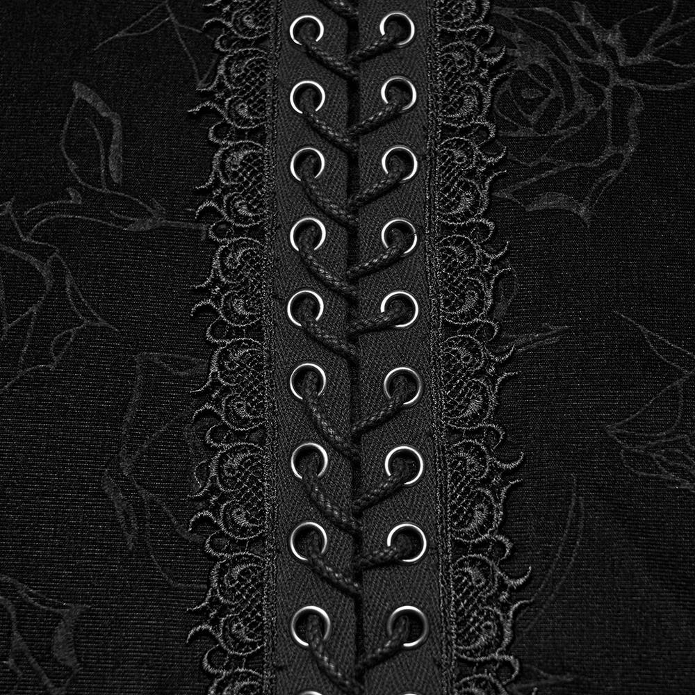 Male Black Rose Embossed Velvet Top with Long Sleeves lace and drawstring detailing close-up