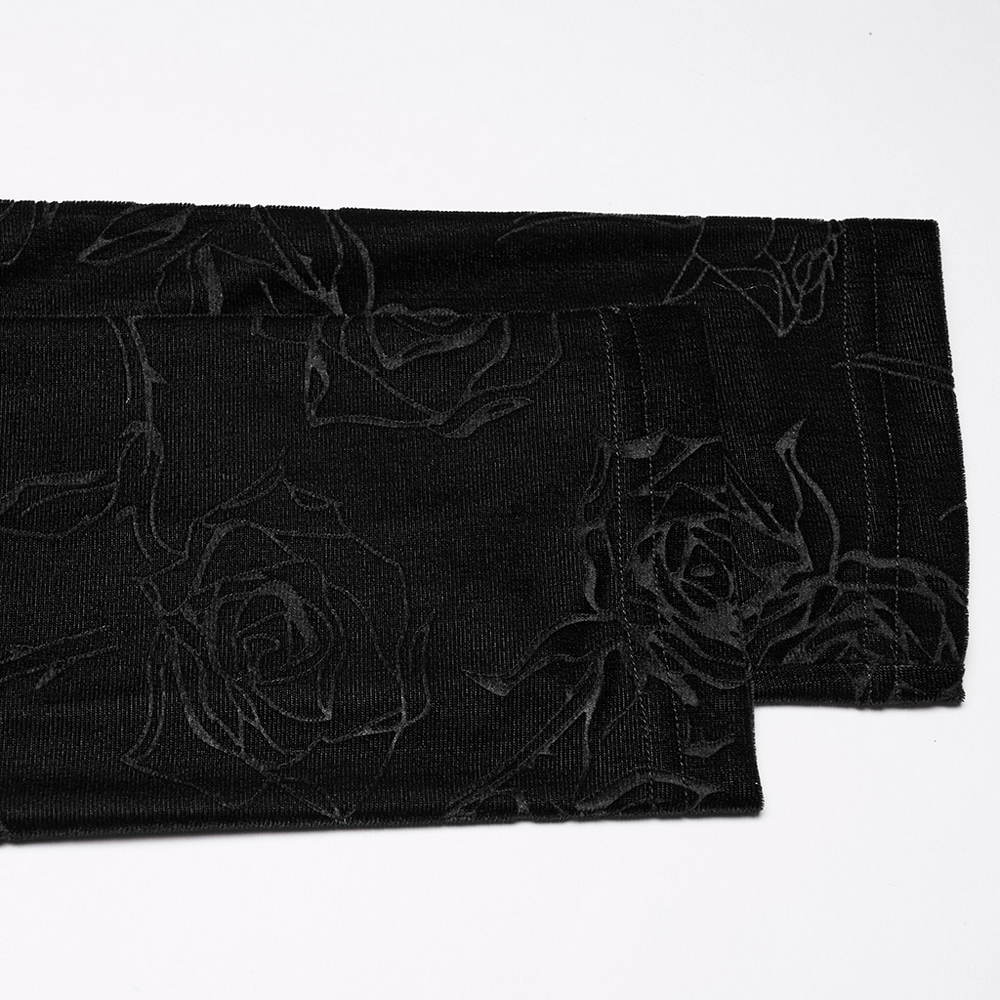 Male Black Rose Embossed Velvet Top with Long Sleeves close-up showing dark rose pattern and textured details.