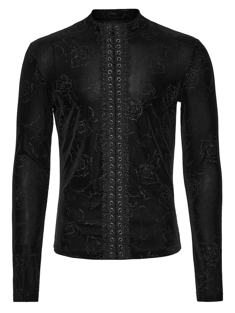 Male Black Rose Embossed Velvet Top with Long Sleeves showcasing gothic lace and dark rose pattern.