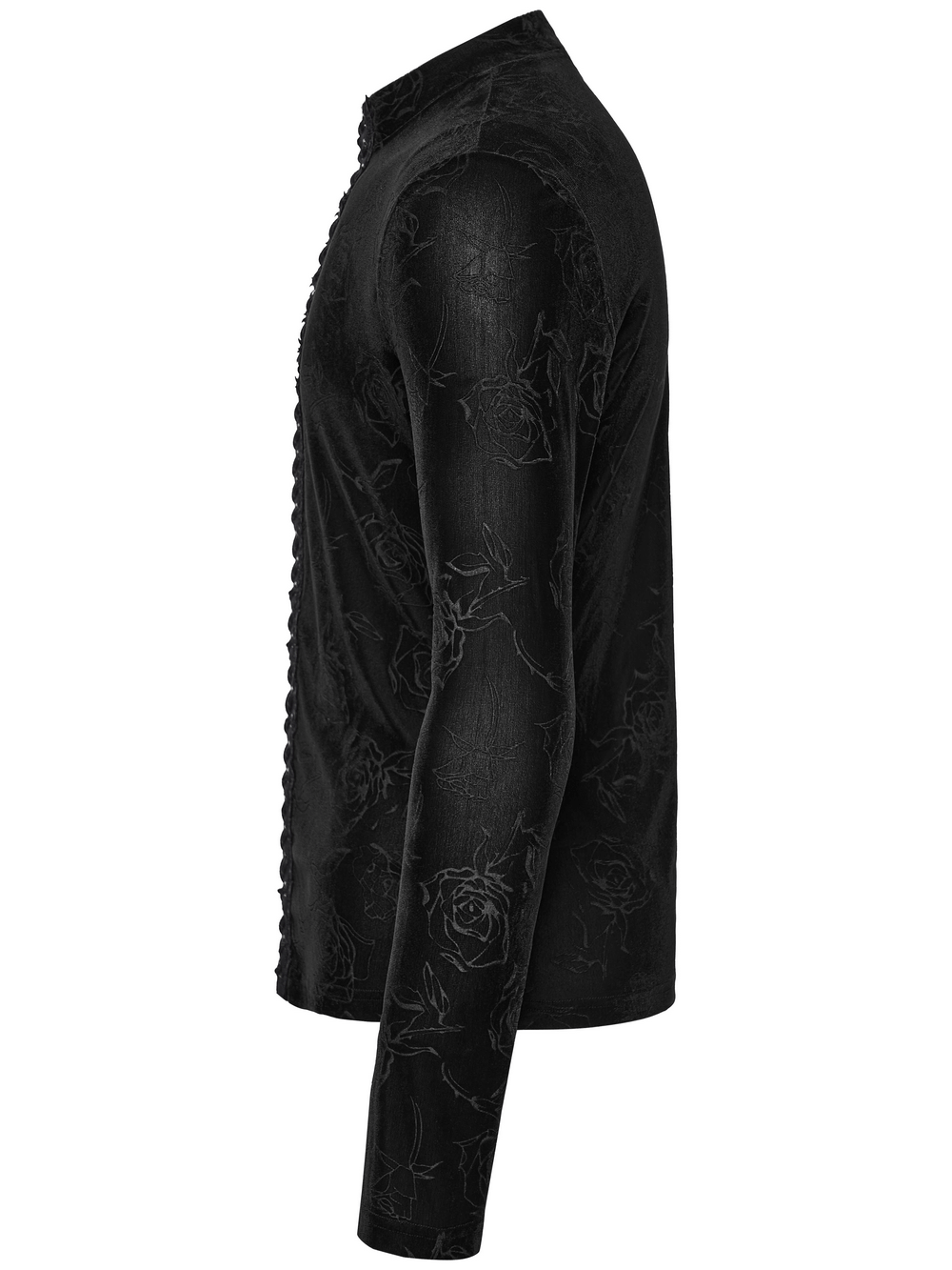 Male Black Rose Embossed Velvet Top with Long Sleeves side view showcasing the dark rose pattern and elegant texture.