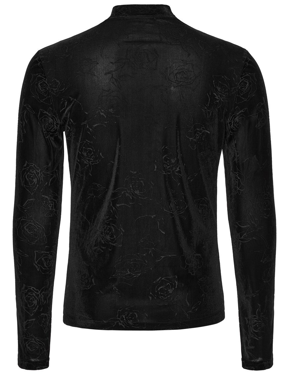 Male Black Rose Embossed Velvet Top with Long Sleeves, featuring an elegant rose pattern and a slim fit design.