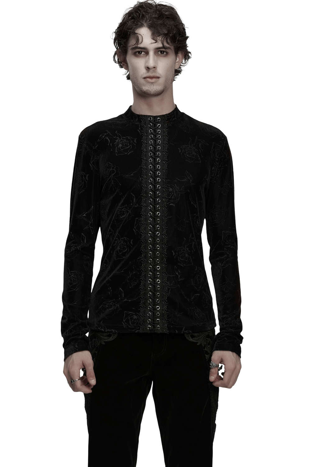 Male Black Rose Embossed Velvet Top with Long Sleeves, featuring a gothic design and drawstring detail.