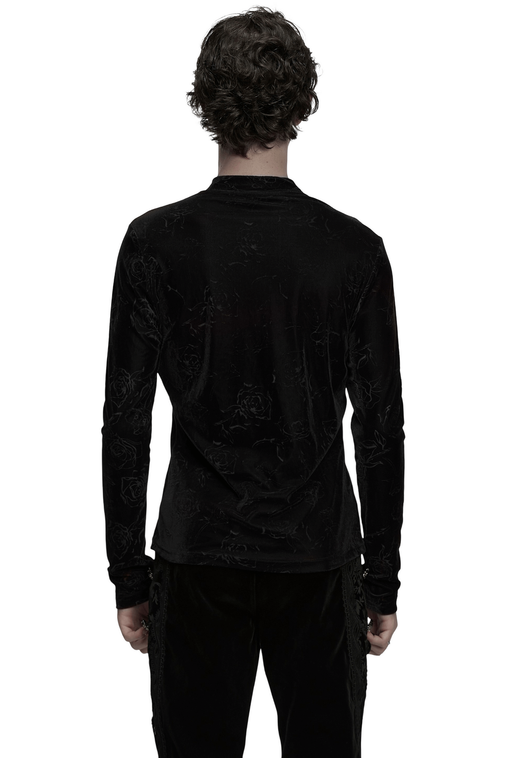 Male Black Rose Embossed Velvet Top with Long Sleeves, back view showcasing elegant rose pattern and long sleeves.