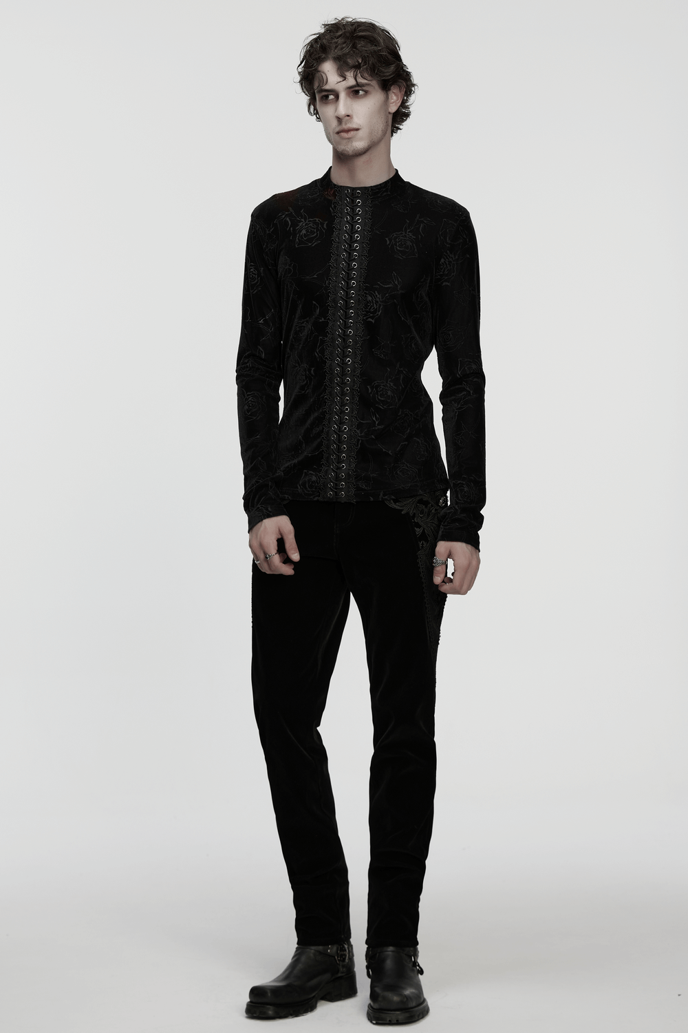 Male Black Rose Embossed Velvet Top with Long Sleeves worn by a model, showcasing gothic style and dark fashion.