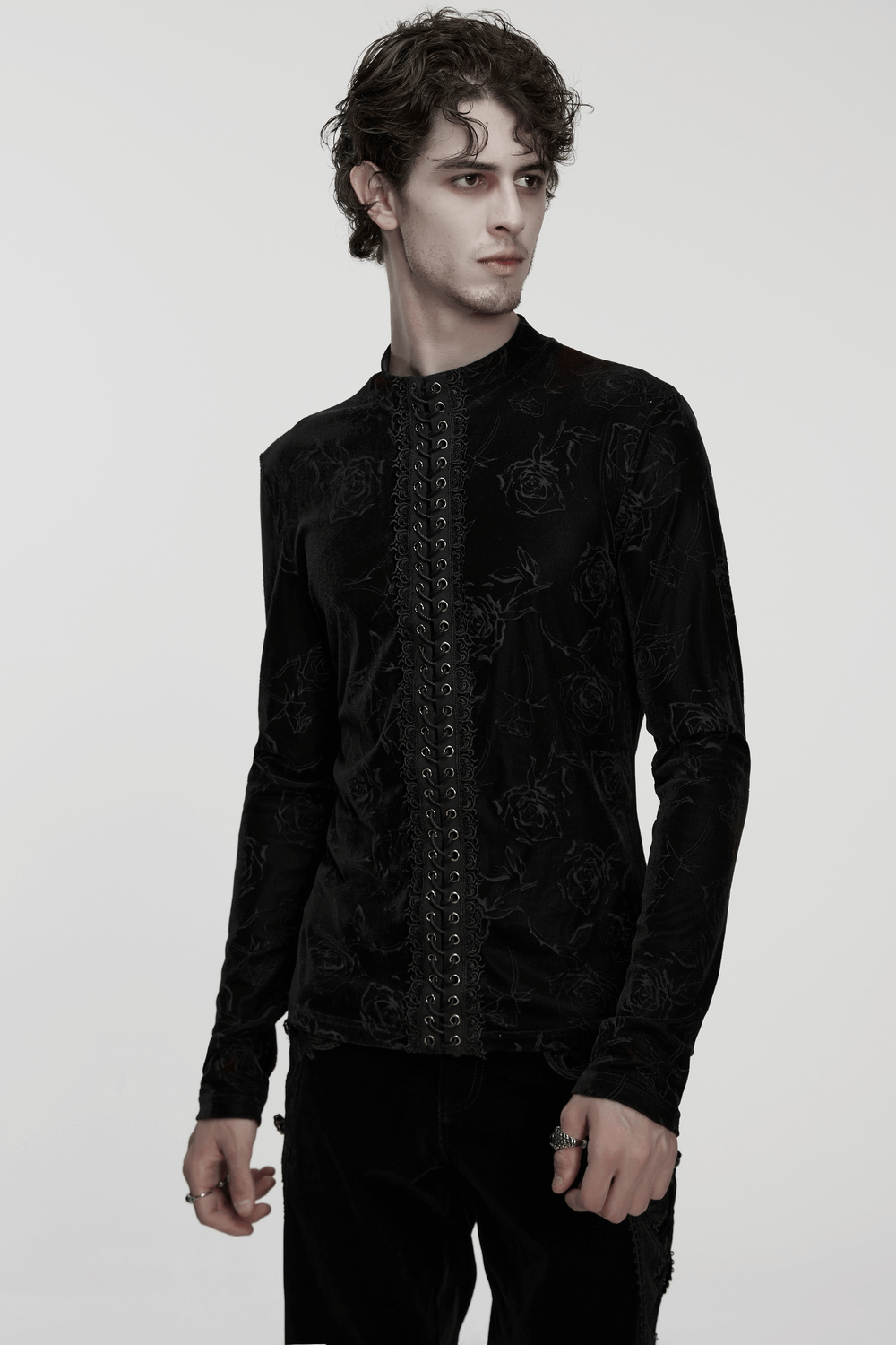 Male Black Rose Embossed Velvet Top with Long Sleeves featuring a gothic lace drawstring and unique rose pattern.