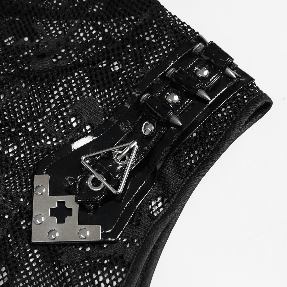 Detail of the Male Black Skull Mesh Hooded Sleeveless Top with Studs featuring metal shoulder straps and spikes.