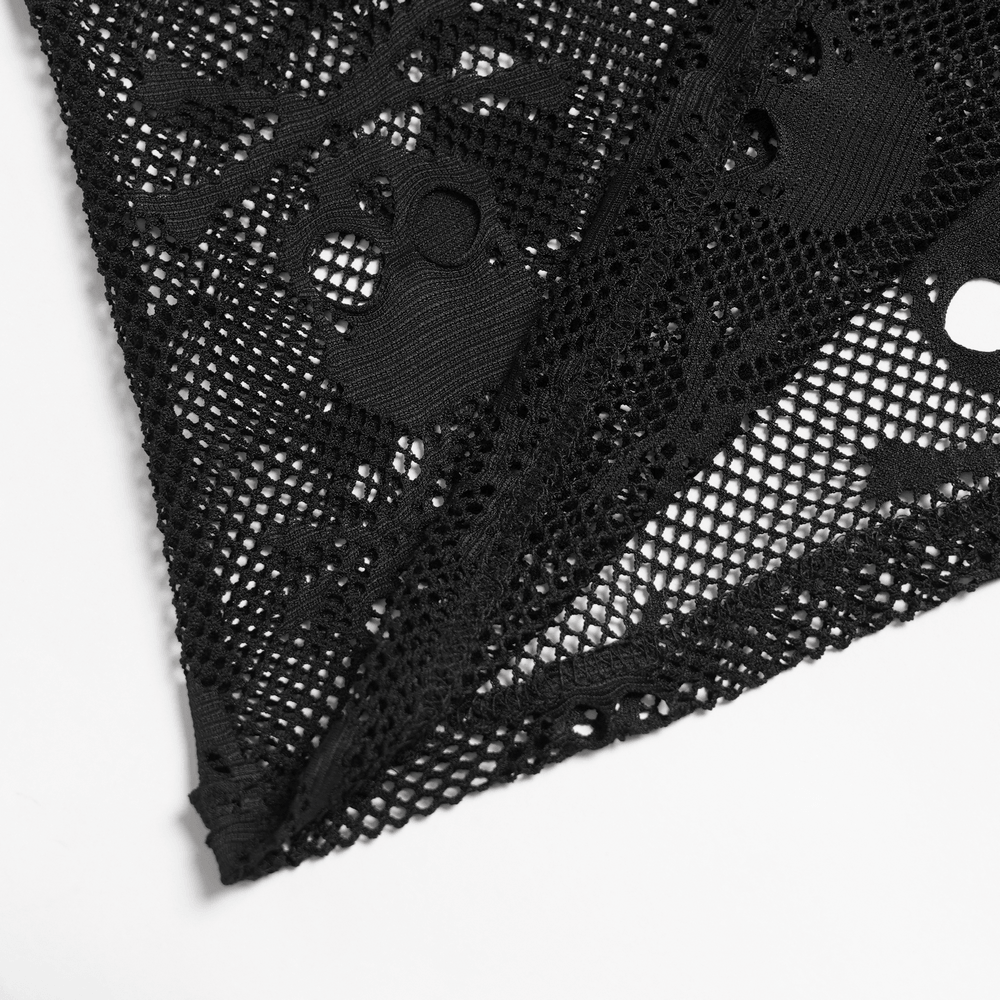 Male Black Skull Mesh Hooded Sleeveless Top with Studs showing black skull fishnet fabric detail.