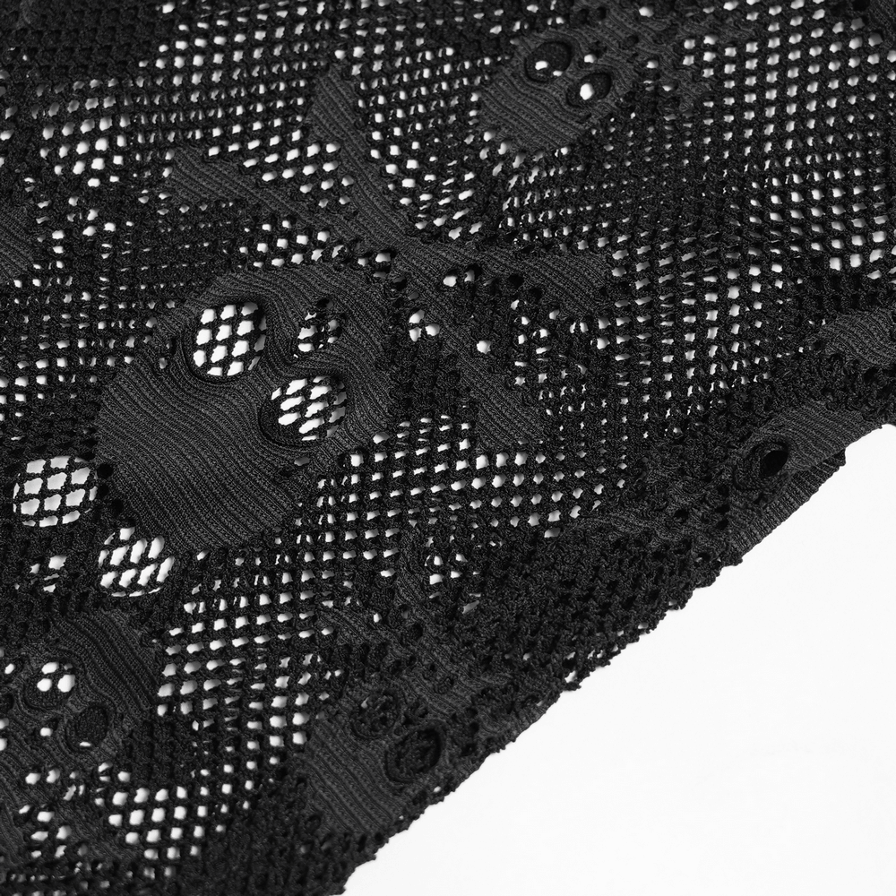 Close-up of the intricate black skull mesh fabric showcasing skull and crossbones design for Male Black Skull Mesh Hooded Sleeveless Top with Studs.