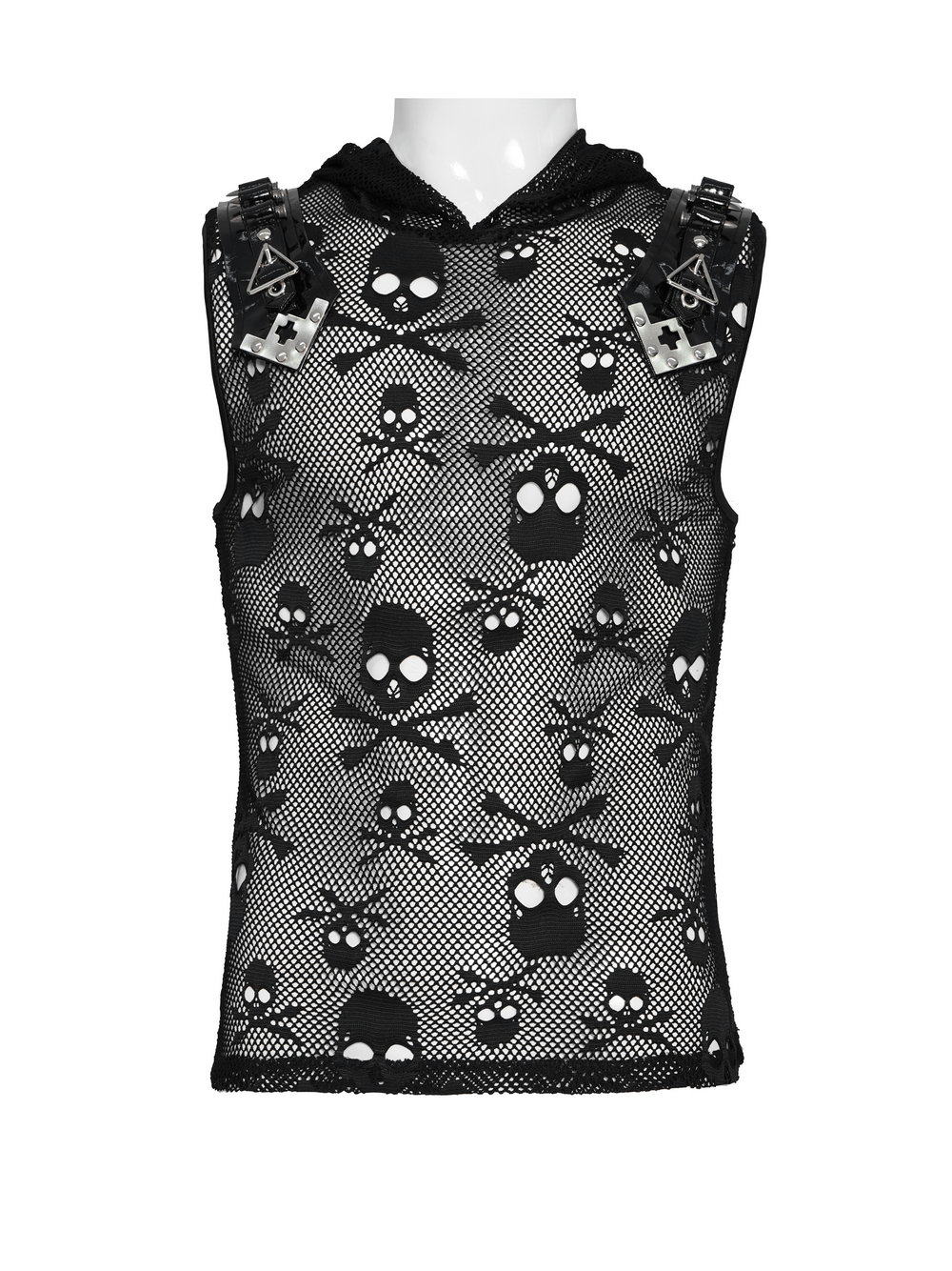 Male Black Skull Mesh Hooded Sleeveless Top with Studs featuring skull pattern and metal shoulder plates.