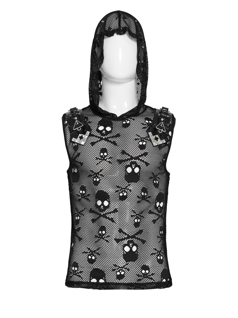 Male Black Skull Mesh Hooded Sleeveless Top with Studs displayed on a mannequin with skull design and metal accents.
