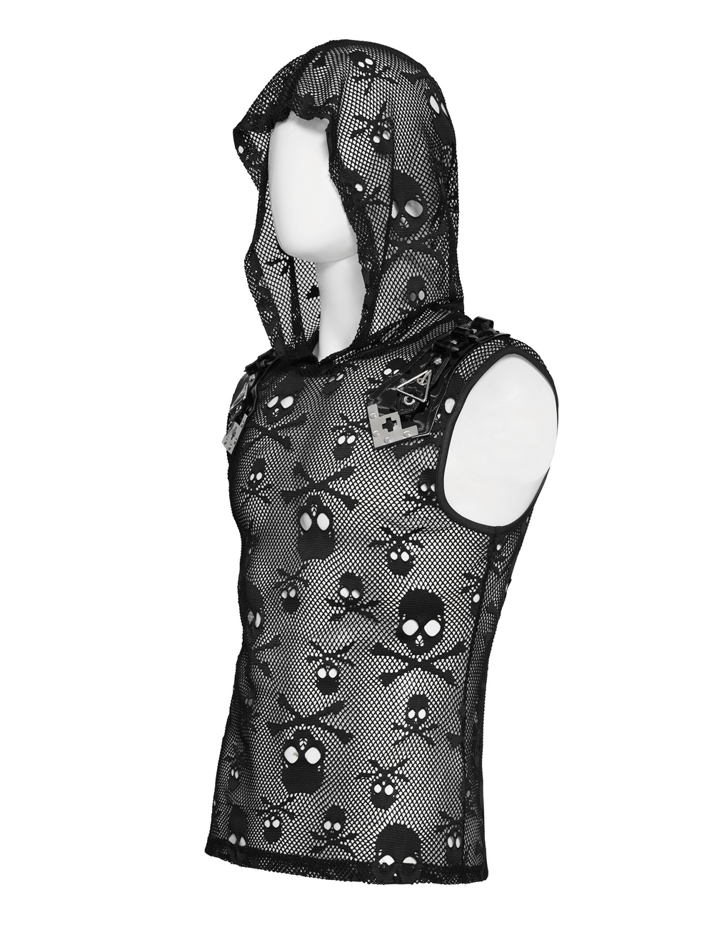 Male Black Skull Mesh Hooded Sleeveless Top with Studs showcasing a punk fishnet design and metal shoulder accents.