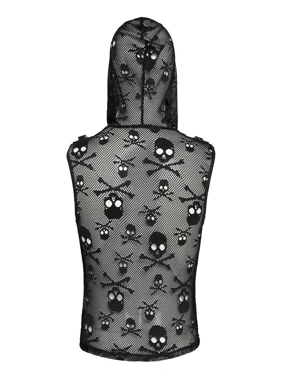 Male Black Skull Mesh Hooded Sleeveless Top with Studs back view showcasing skull and crossbones pattern.