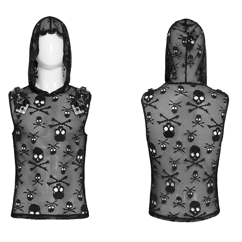 Male Black Skull Mesh Hooded Sleeveless Top with Studs showcasing a punk fishnet style and skull design.