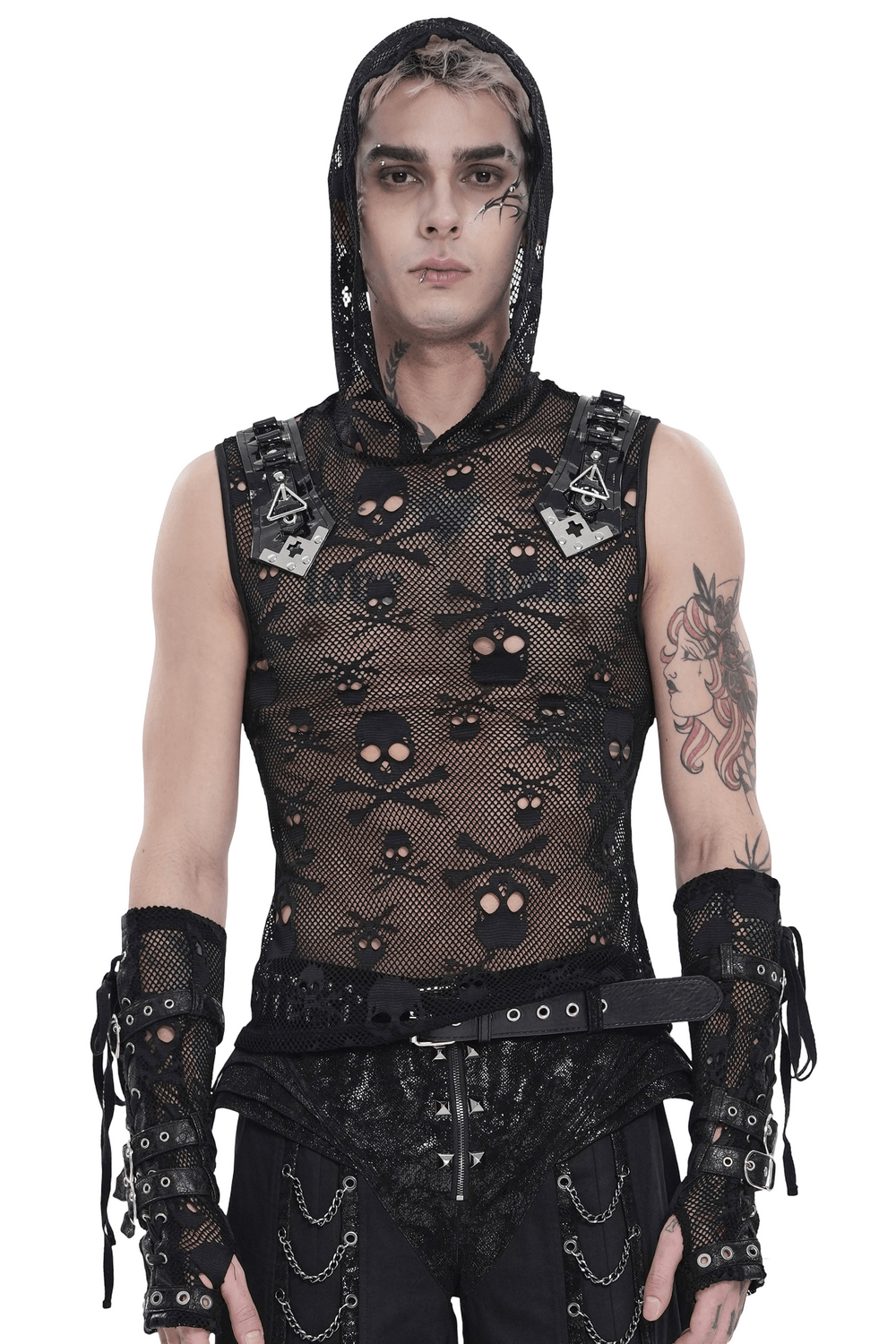 Male Black Skull Mesh Hooded Sleeveless Top with Studs worn by a model showcasing punk style and edgy design.