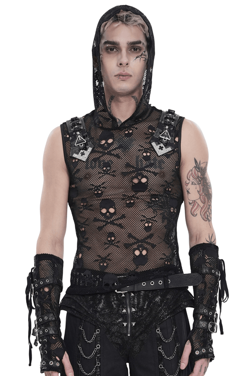 Male Black Skull Mesh Hooded Sleeveless Top with Studs