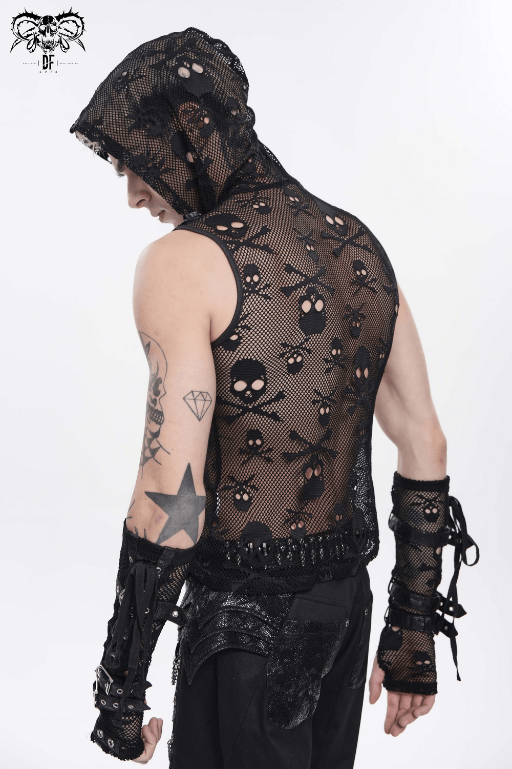 Male Black Skull Mesh Hooded Sleeveless Top with Studs showcased on a model, featuring skull patterns and a stylish hood.