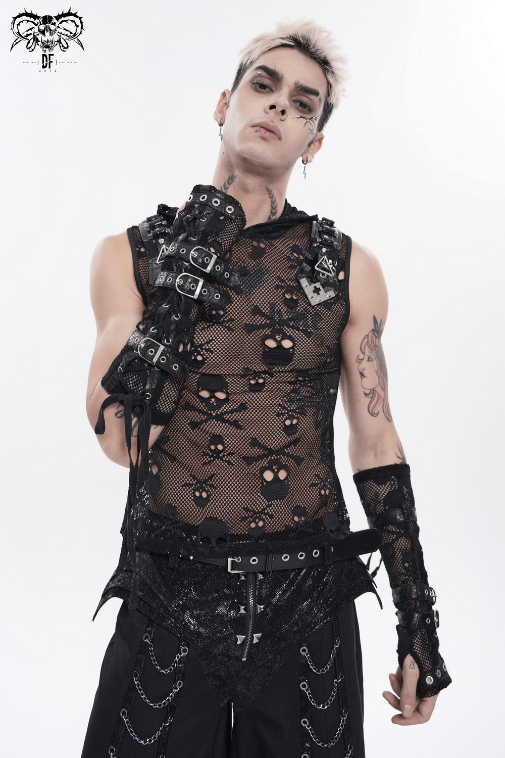 Male Black Skull Mesh Hooded Sleeveless Top with Studs modeled by a punk man wearing a fishnet design and metal accents.