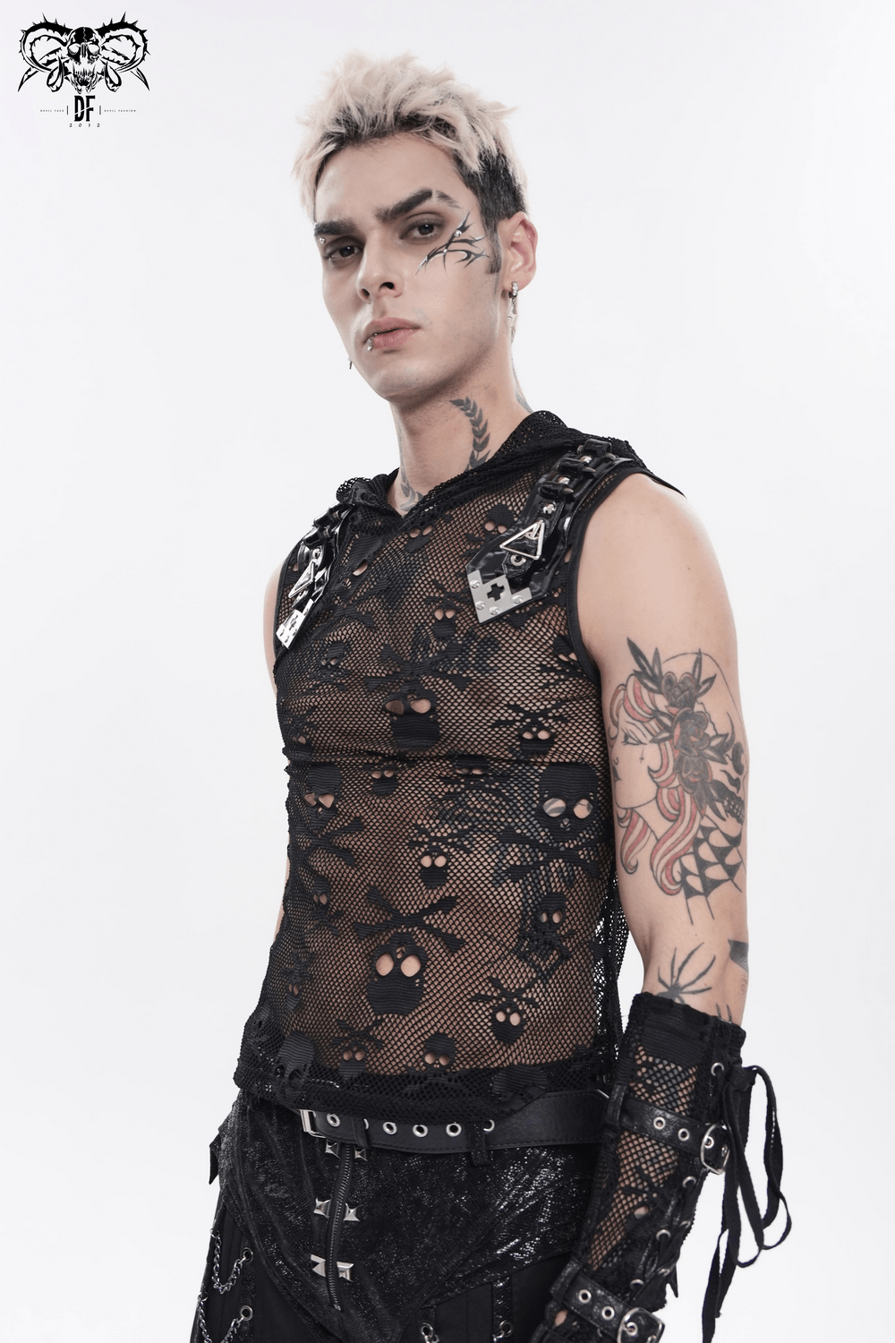 Male Black Skull Mesh Hooded Sleeveless Top with Studs worn by a model with tattoos and stylish punk accessories.