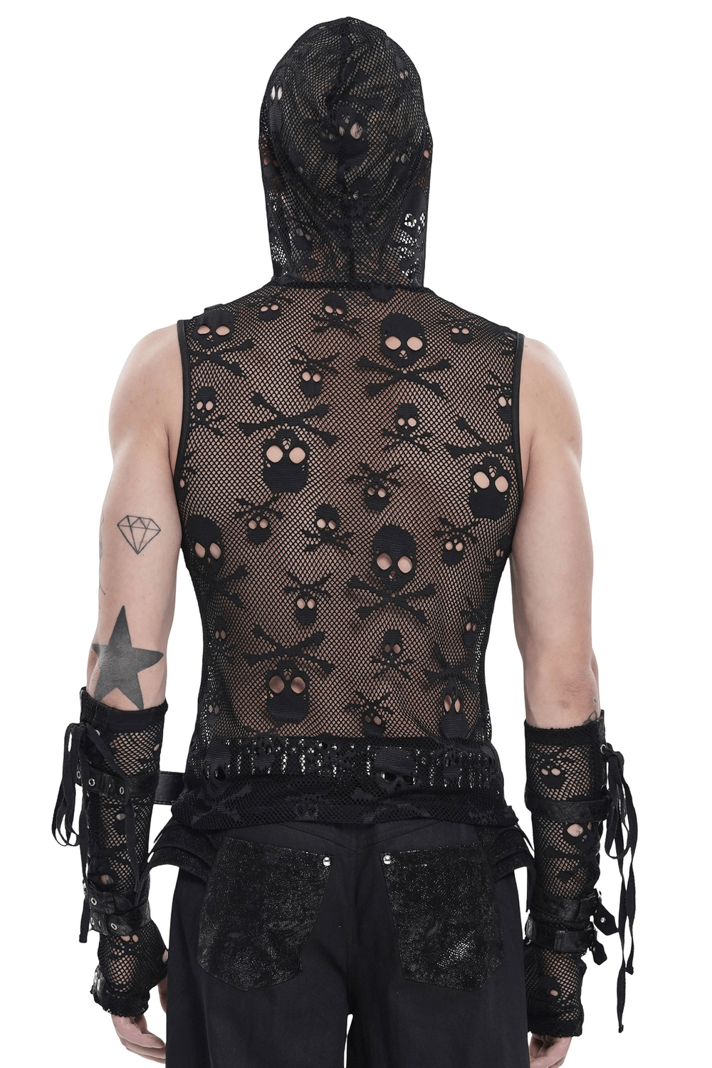 Male Black Skull Mesh Hooded Sleeveless Top with Studs showcasing skull pattern and sheer fishnet design.