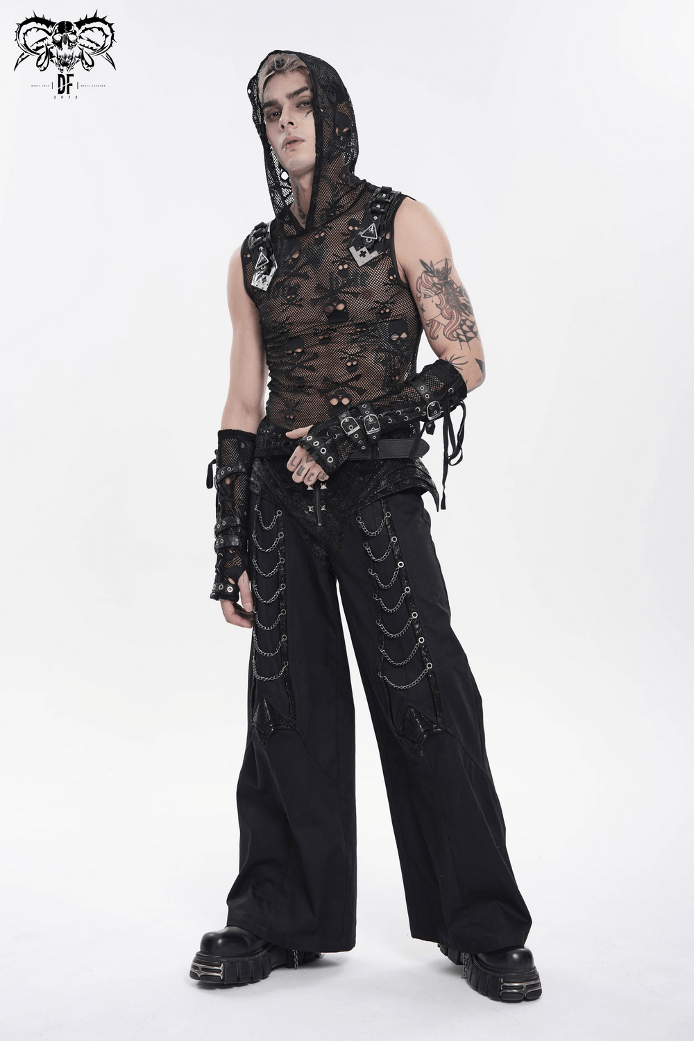 Male Black Skull Mesh Hooded Sleeveless Top with Studs worn by a model, showcasing punk style with sheer skull pattern and metal accents.
