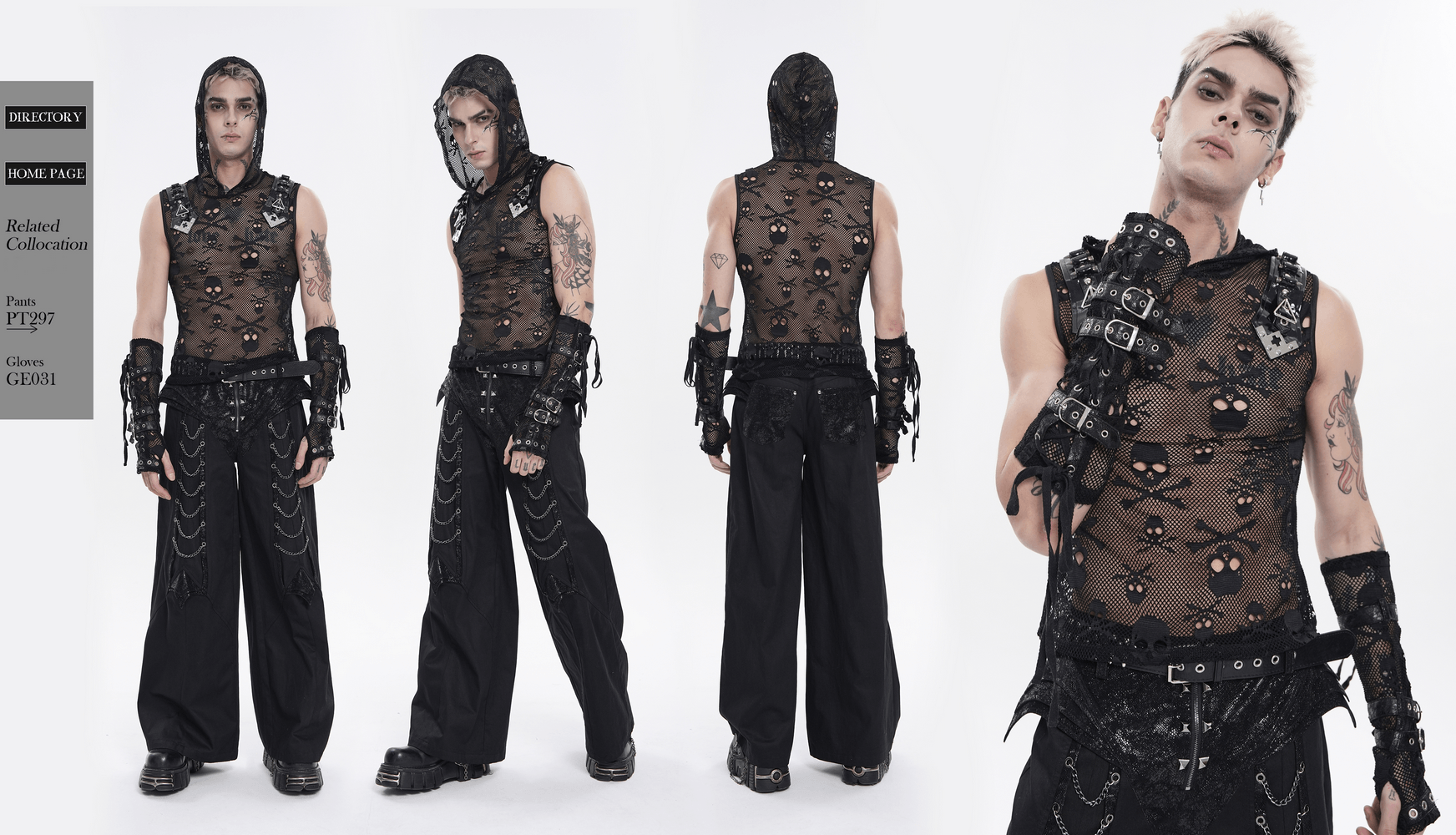 Male Black Skull Mesh Hooded Sleeveless Top with Studs worn by a model showcasing gothic punk style.