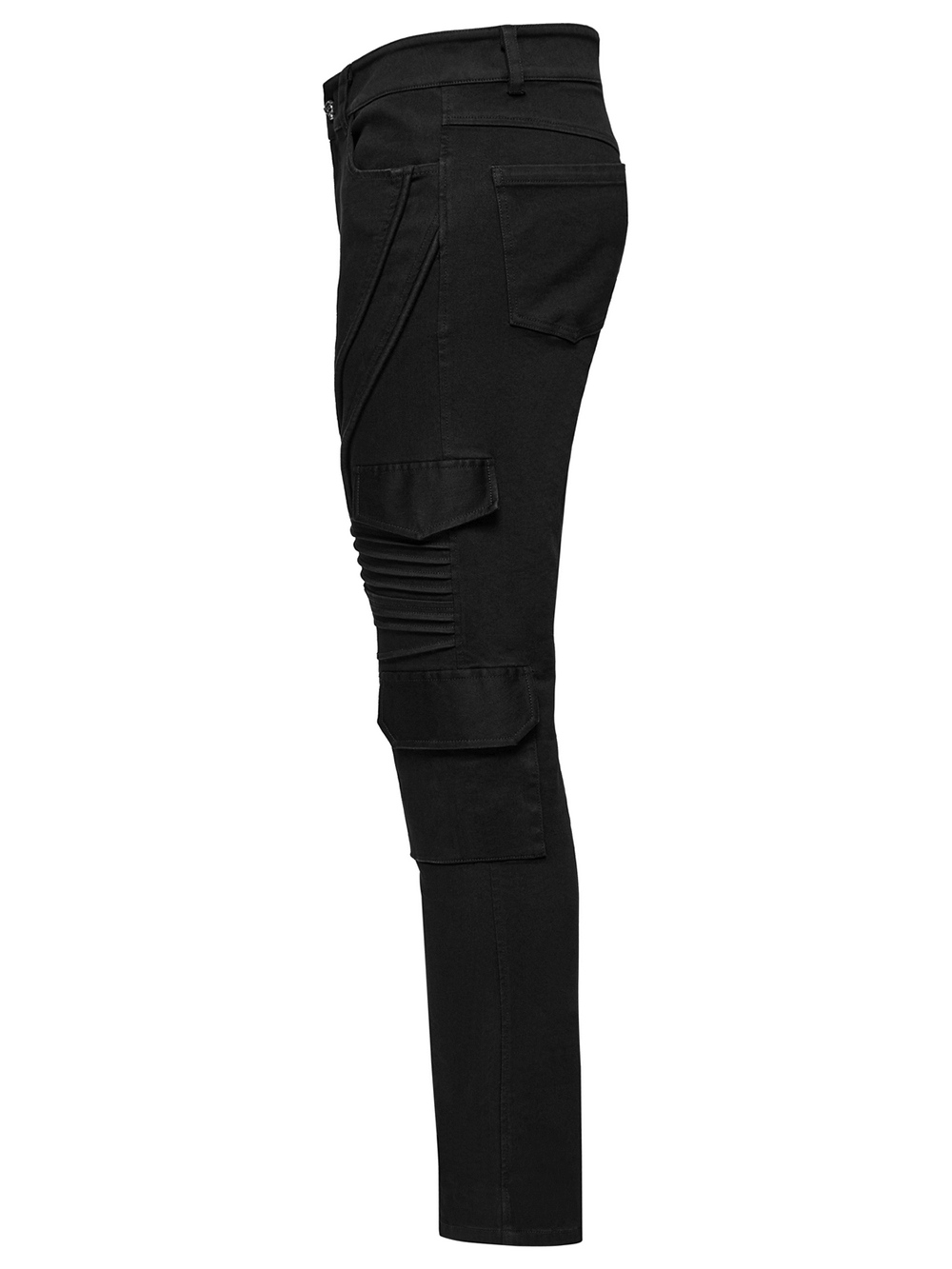 Side view of male black slim fit punk pants featuring stylish cargo pockets for a trendy look.