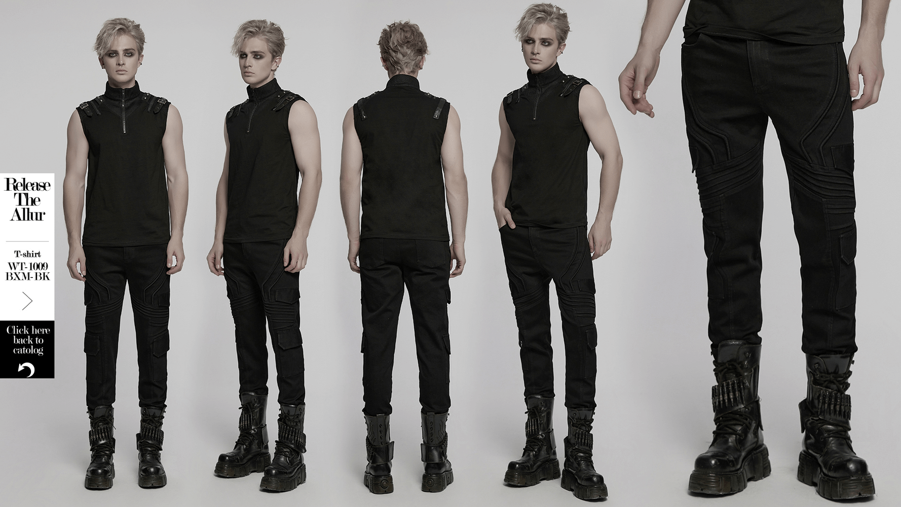 Male black slim fit punk pants with cargo pockets, showcased from multiple angles, styled with a matching sleeveless top.