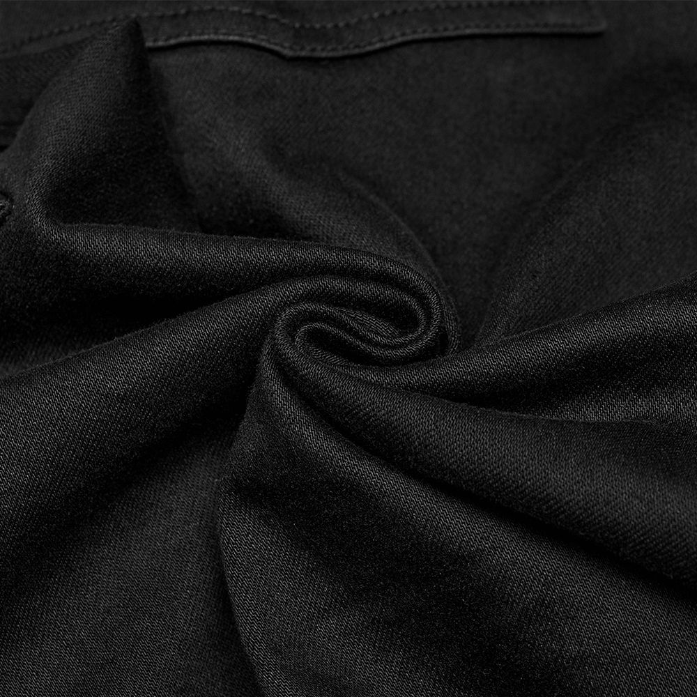 Close-up of black fabric showing soft texture and stretch, ideal for slim fit punk pants with cargo pockets.