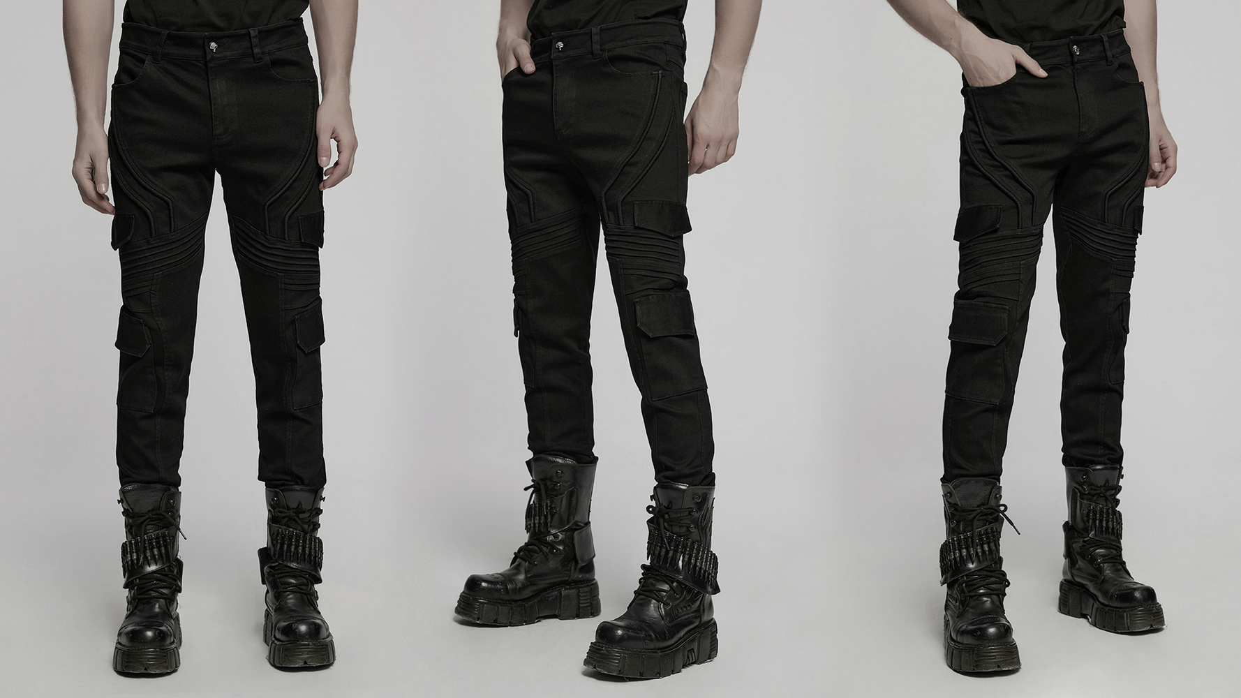 Male black slim fit punk pants with cargo pockets, stylish and edgy design perfect for a bold look.
