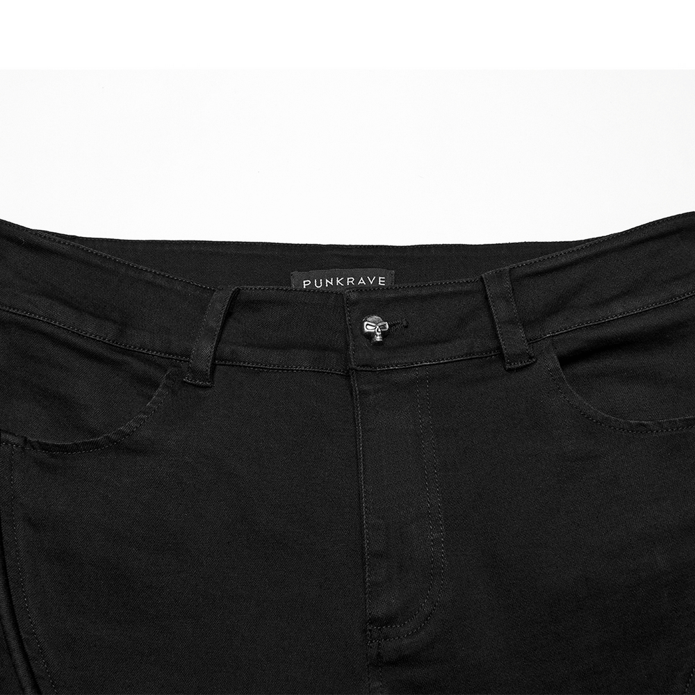Close-up view of Male Black Slim Fit Punk Pants showcasing the belt and PUNKRAVE logo.